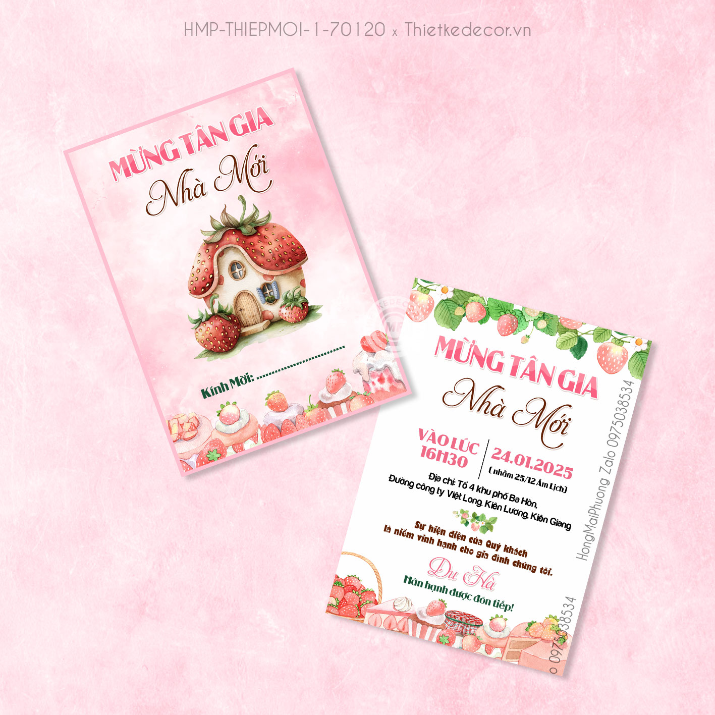 Thiệp mời tân gia tone hồng dâu tây